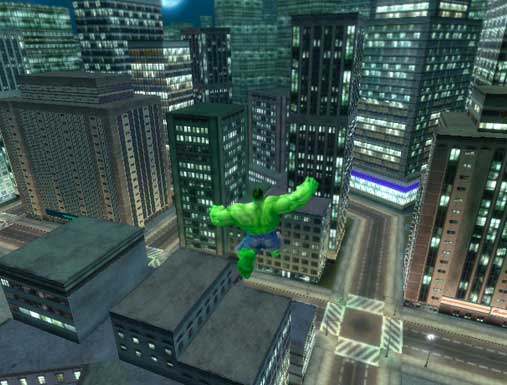 Screenshot from the video game 'Incredible Hulk: Ultimate Destruction' showing the Hulk character in action, leaping between buildings in a virtual cityscape at night.