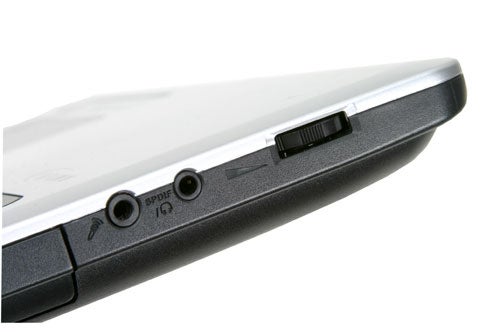 Close-up of the Fujitsu-Siemens AMILO M3438G gaming notebook's side ports and edges.