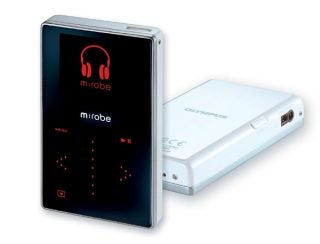 Promotional image of the Olympus m:robe MR-100 MP3 player, showcasing the front display with user interface and a side view of the device highlighting its sleek design.