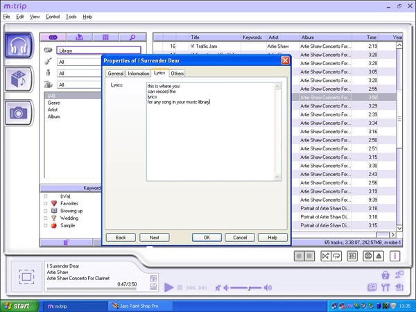 Screenshot of the Olympus m:robe MR-100 MP3 Player software interface displaying the music library and the lyrics editing window for a selected track.