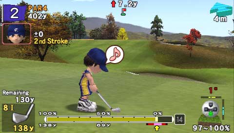 Screenshot of the video game Everybody's Golf showing an animated golfer preparing for a second stroke on a par 4 hole with a power meter and wind direction indicator displayed on screen.
