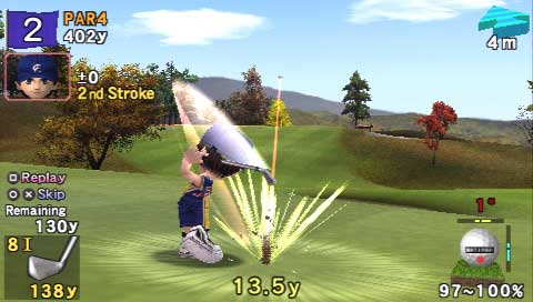 In-game screenshot of Everybody's Golf showing a character mid-swing on a vibrant golf course with game interface elements displaying distance, stroke number, and wind speed.