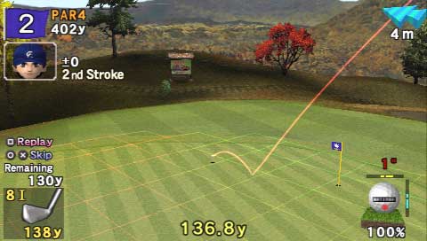 Screenshot of the video game Everybody's Golf showing a user's second stroke with a trajectory line indicating the ball's flight path on a virtual golf course.