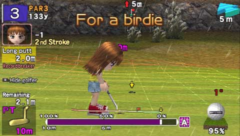 Screenshot from the video game Everybody's Golf showing a character preparing for a birdie putt on a virtual golf course.