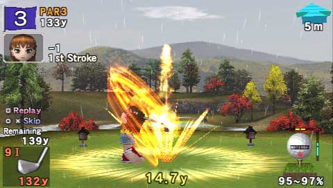 Screenshot from Everybody's Golf video game showing a character in mid-swing with a special effect indicating a powerful shot, with game interface displaying distance, power gauge, and hole information.