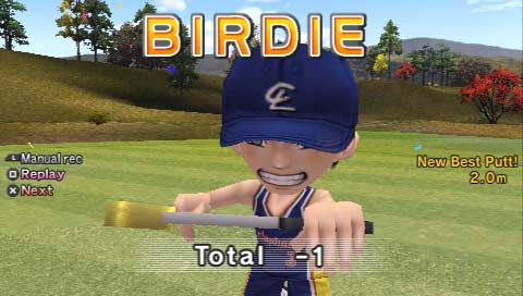 Animated character from Everybody's Golf video game celebrating a Birdie on a virtual golf course with user interface elements showing score and options for manual recording, replay, or proceeding to the next challenge.