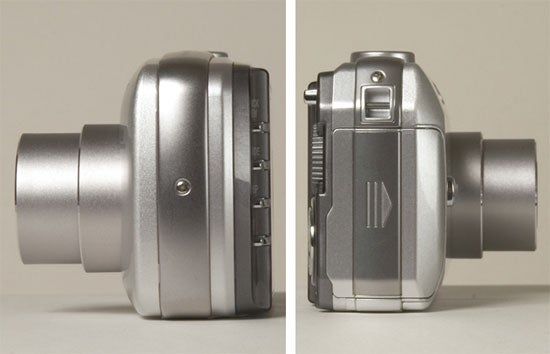 Side-by-side comparison images of the Olympus µ [mju:] Digital 800 camera, showcasing the lens barrel from the side and the camera's side controls and ports panels.