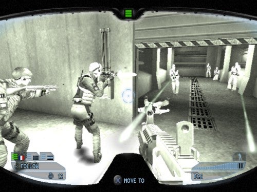 First-person view in Rainbow Six: Lockdown video game showing a player character aiming a gun with squad members in a corridor engaged in combat.