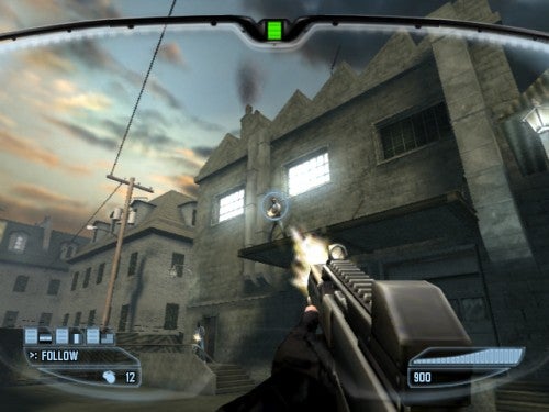 First-person perspective screenshot from the video game Rainbow Six: Lockdown showing a player character firing a weapon at an enemy in a virtual urban environment.