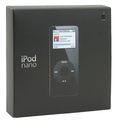 Apple iPod nano packaged in its original black box with a clear image of the device on the front.