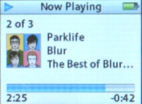 Display of an Apple iPod nano showing the 'Now Playing' screen with the song 'Parklife' by Blur from the album 'The Best of Blur', including album artwork and progress bar indicating the song is at 2 minutes and 25 seconds with 42 seconds remaining.