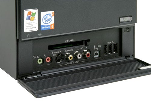 Close-up view of the Sony Vaio VGC-RA304 desktop computer's front I/O panel with USB, audio, and video ports visible, alongside Microsoft Windows XP and Intel Pentium 4 stickers.