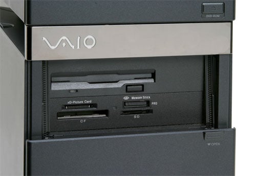 Close-up of the memory card slots on a Sony Vaio VGC-RA304 desktop computer, showing slots for Memory Stick, Memory Stick PRO, CompactFlash, and SD cards.