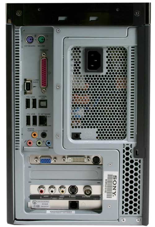 Rear view of the Sony Vaio VGC-RA304 showing various ports including USB, Ethernet, audio jacks, as well as legacy connections such as PS/2 and serial ports. The model name 'SONY' is visible at the bottom.