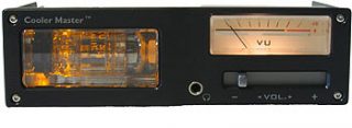 Cooler Master Musketeer 3 system dynamics detector with VU meter and illuminated vacuum tube display on a black panel.
