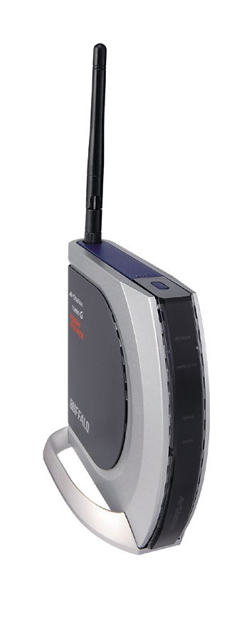 Buffalo AirStation G54 wireless router standing upright with a single external antenna and LED status indicators on the front.