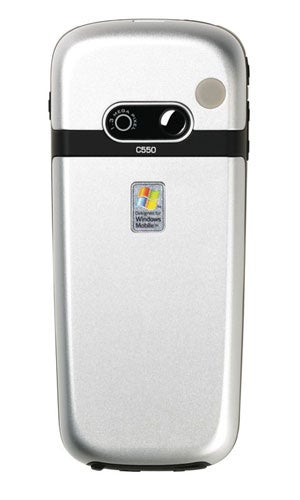 Back view of an Orange SPV C550 Windows Smartphone, displaying its silver casing, camera lens, and the Windows Mobile logo.