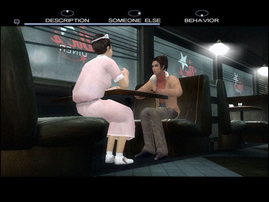 Two digital characters, a man and a woman, sitting opposite each other at a diner table in a video game scene. The menu options above reflect interactive choices, such as "DESCRIPTION," "SOMEONE ELSE," and "BEHAVIOR." The scene has a dim, atmospheric lighting, typical of an evening setting in a game, with neon signs visible through the window behind them.