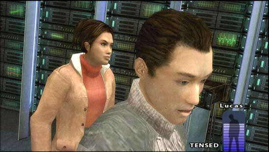 Screenshot from a Fahrenheit video game showing two characters, a man named Lucas with a tension meter below, and a woman standing behind him in a room filled with computer servers.