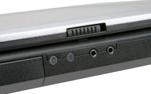 Close-up view of the side panel of a Panasonic ToughBook CF-51 showing the laptop's ports and sturdy casing.