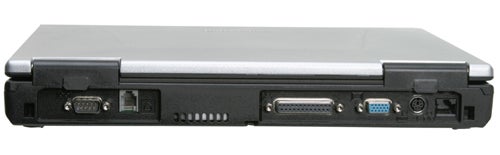 Side view of a closed Panasonic ToughBook CF-51 semi-rugged laptop, showcasing various ports and connections available.