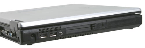 Side view of a closed Panasonic ToughBook CF-51 semi-rugged laptop showing ports and robust design.