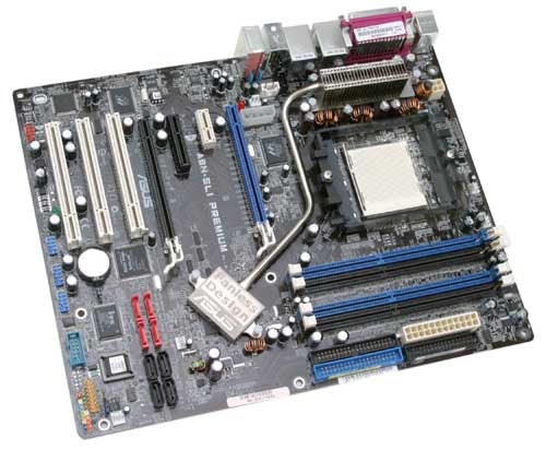 Asus A8N-SLI Premium Socket 939 motherboard isolated on a white background with visible CPU socket, RAM slots, expansion slots, and heat pipes.