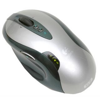 Logitech G7 cordless 2000dpi laser mouse with metallic grey and black design, showing programmable buttons, battery level indicator, and wireless receiver status lights.