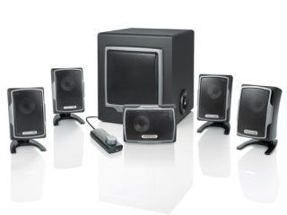 Creative Gigaworks ProGamer G500 speaker system with subwoofer and satellite speakers on a white background.