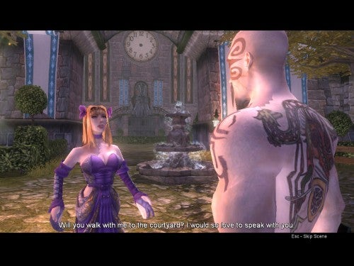 Screenshot from the video game Fable: The Lost Chapters showing a dialogue scene with a female character in a purple dress talking to the player-character whose back is to the camera, set in a courtyard with a fountain and clock structure in the background. The game's dialogue text at the bottom reads, 
