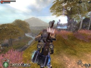 Screenshot from the video game Fable: The Lost Chapters showing a third-person view of the main character wearing armor and carrying a bow and arrow, standing on a grassy hill with a scenic landscape in the background.