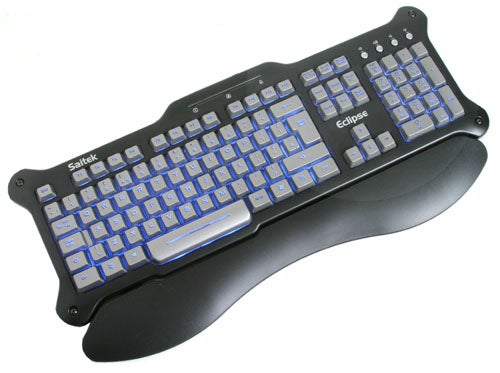Saitek Eclipse keyboard with blue backlit keys and wrist rest on a white background.