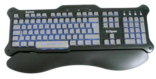 Saitek Eclipse Keyboard with blue backlight and detachable wrist rest on a white background.