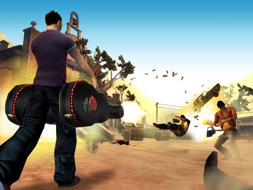 Screenshot from the video game Total Overdose showing a character shooting at an enemy, with a car explosion in the background, demonstrating the game's action-packed gameplay and vibrant graphics.