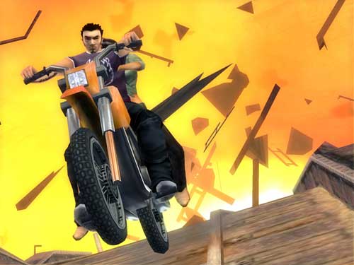 A character from the video game Total Overdose performing a motorcycle stunt with an explosion in the background.