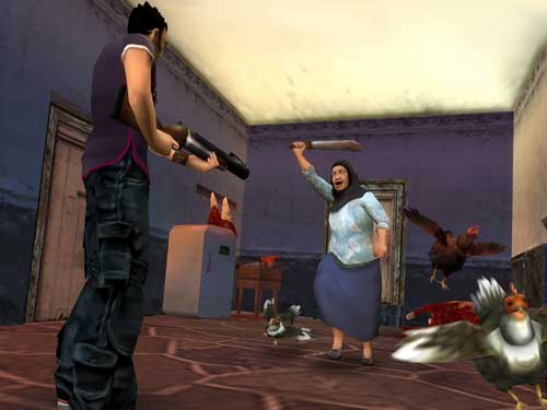 Screenshot from the video game Total Overdose showing a character aiming at a target off-screen while a non-player character appears startled with chickens around in a room with purple walls.