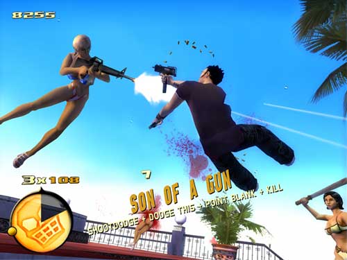 Screenshot from the video game Total Overdose showing an action sequence with a character performing a point-blank shooting, as indicated by on-screen text, with a score overlay in the top left corner and game interface elements on the bottom left.