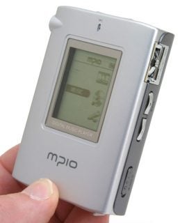 Hand holding a silver MPIO digital music player