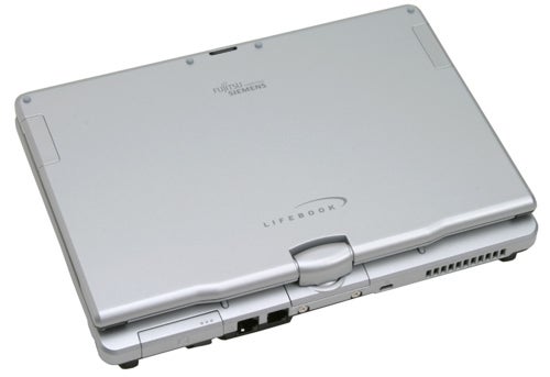Fujitsu-Siemens Lifebook P1510 convertible tablet laptop closed, viewed from above showing the silver lid with company logo and product name.