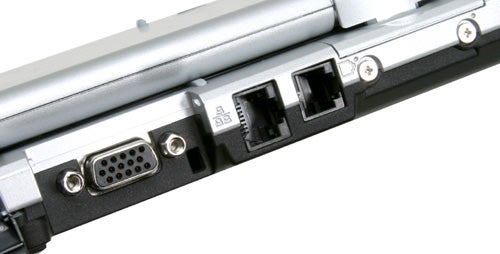 Close-up of the side ports on a Fujitsu-Siemens Lifebook P1510 including USB, LAN, modem, and VGA connectors.