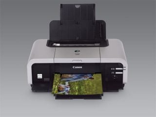 Canon Pixma iP5200R Inkjet Printer with a color photograph of a bird by a stream being printed, showcasing print quality and color output.