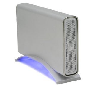 Icybox IB-360 External Hard Drive Enclosure with a metallic finish and blue LED light on stand.