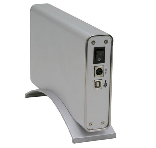 Icybox IB-360 external hard drive enclosure in a silver finish with rear view displaying power switch, USB and Firewire ports.