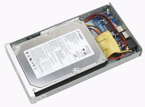 Icybox IB-360 External Hard Drive Enclosure with a 3.5-inch hard drive inside, showing internal wiring and connectors.