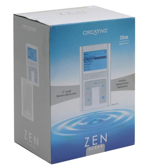 Creative Zen Sleek 20GB MP3 player packaging box displaying the device's features such as a 2-inch large backlit LCD screen and intuitive vertical touch pad control.