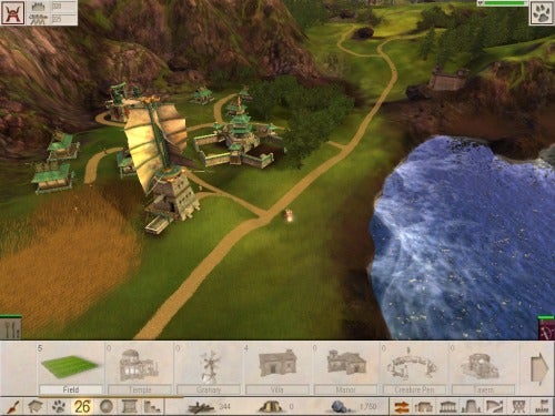 Screenshot of Black & White 2 gameplay showing village and interface.