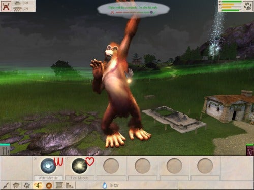 Screenshot of Black & White 2 showing a creature near buildings.