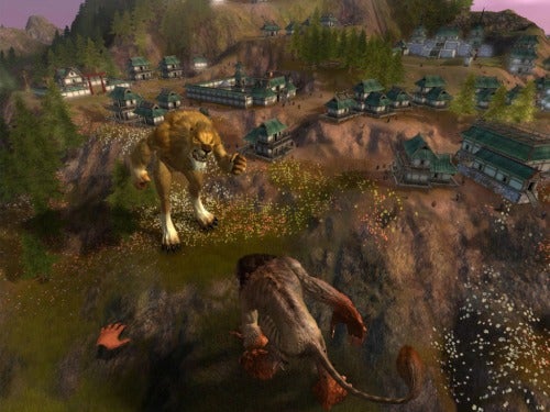 Screenshot of Black & White 2 showing creature interaction and village.