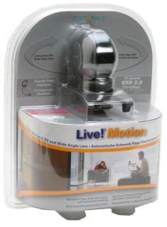 Creative WebCam Live! Motion in plastic packaging, highlighting features such as 200-degree wide-angle view, hands-free headset, USB 2.0 certification, and automatic pan and tilt lens.