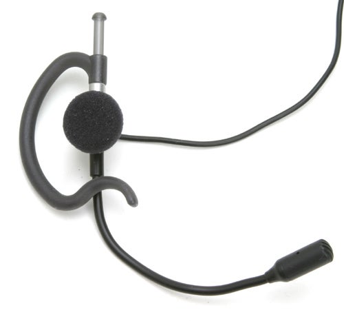 Black headset with flexible microphone arm and foam-covered earpiece on a white background.